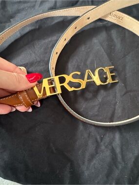 Versace Brown Leather Belt with Gold Logo Buckle